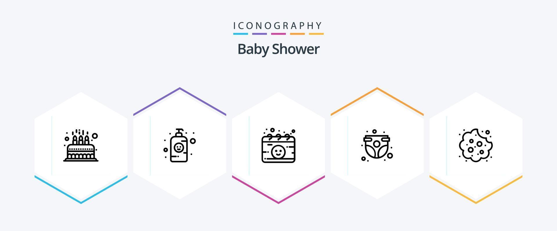 pacote de ícones de 25 linhas de chá de bebê, incluindo infantil. criança. frasco de loção. calcinha bebê. gravidez vetor