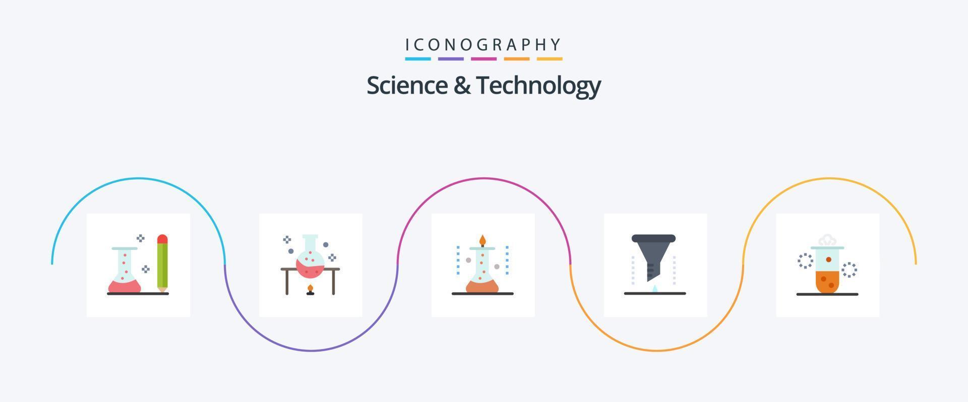 ciência e tecnologia flat 5 icon pack incluindo radioatividade. radiação nuclear. experimento científico. funil. laboratório químico vetor