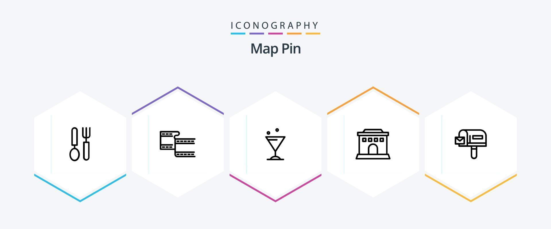 pacote de ícones de 25 linhas de pinos de mapa, incluindo . compras. bebida. correspondência. lar vetor