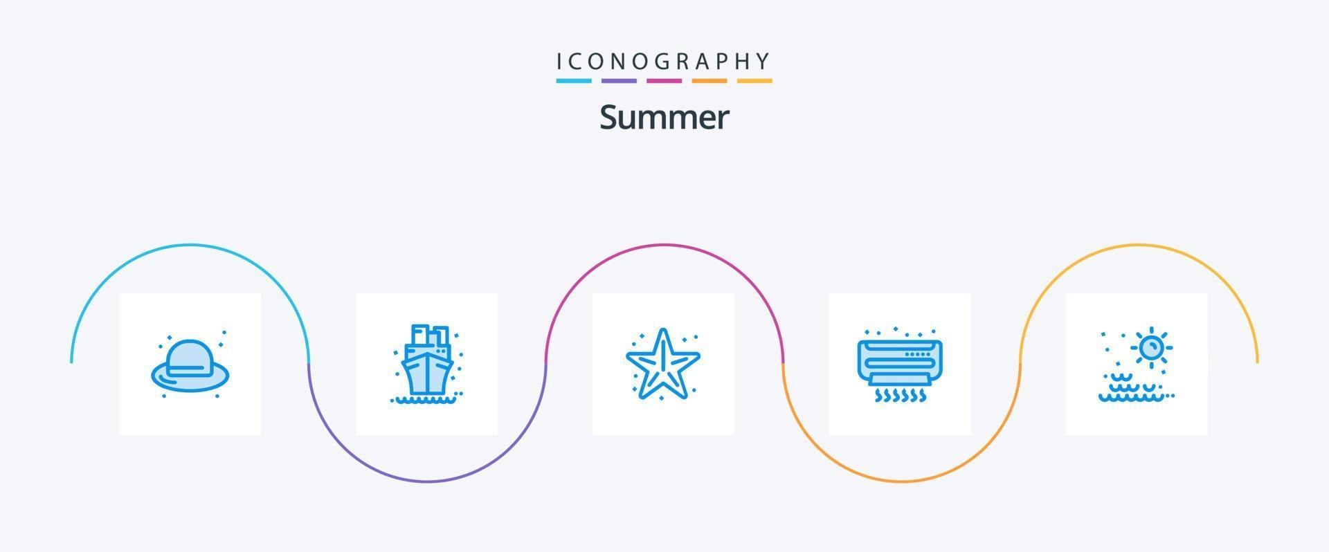 pacote de ícones de verão azul 5, incluindo mar. condicionador. praia. ar. estrela do Mar vetor