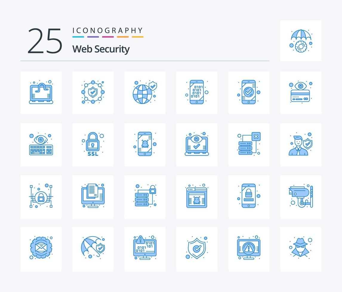 segurança na web pacote de ícones de 25 cores azuis, incluindo autenticação. procurar. proteção. móvel. binário vetor
