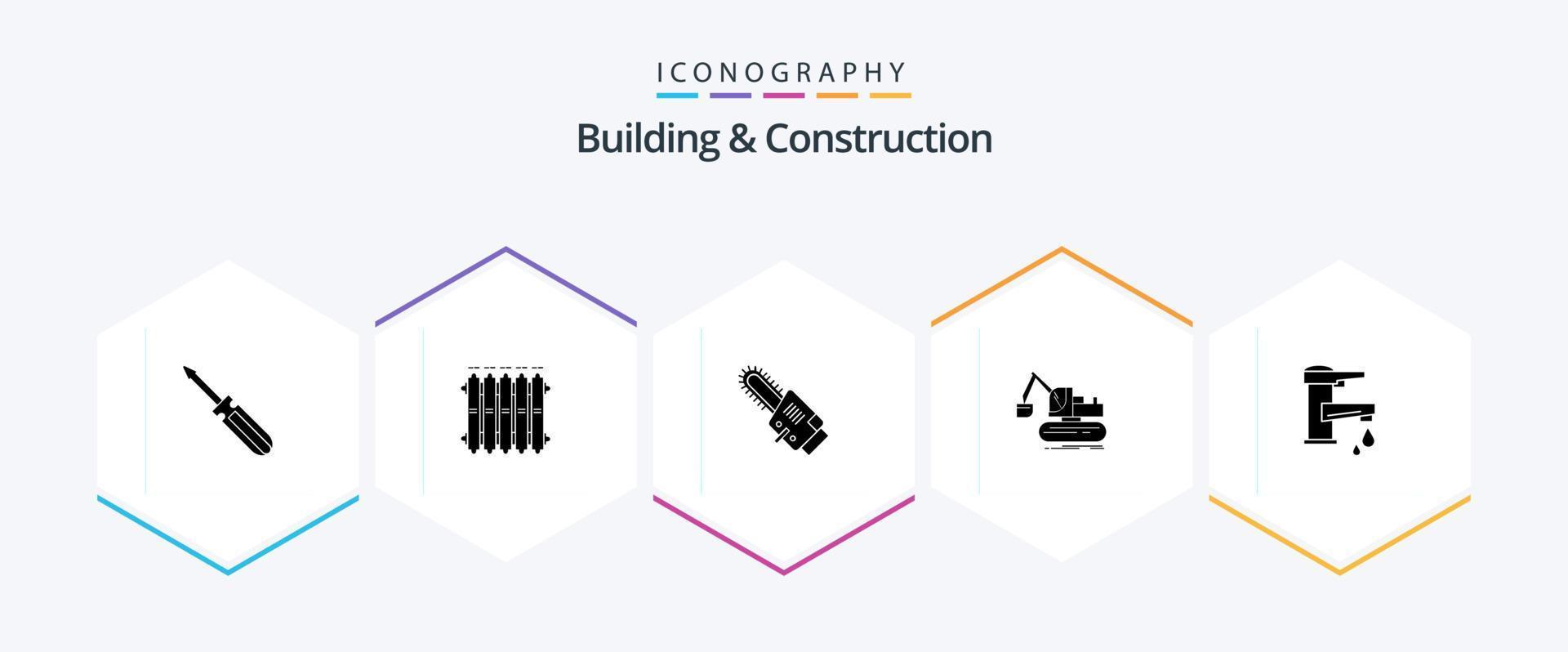 construção e construção 25 pacote de ícones glifo incluindo caminhão. construção. esquentar. guindaste. lâmina vetor