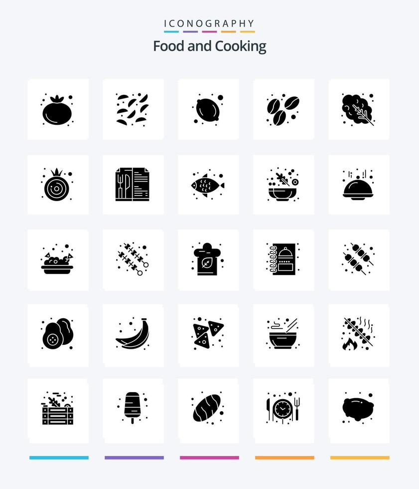 pacote de ícone preto sólido de 25 glifos de comida criativa, como vegetais. comida. limão. comida. folhas vetor