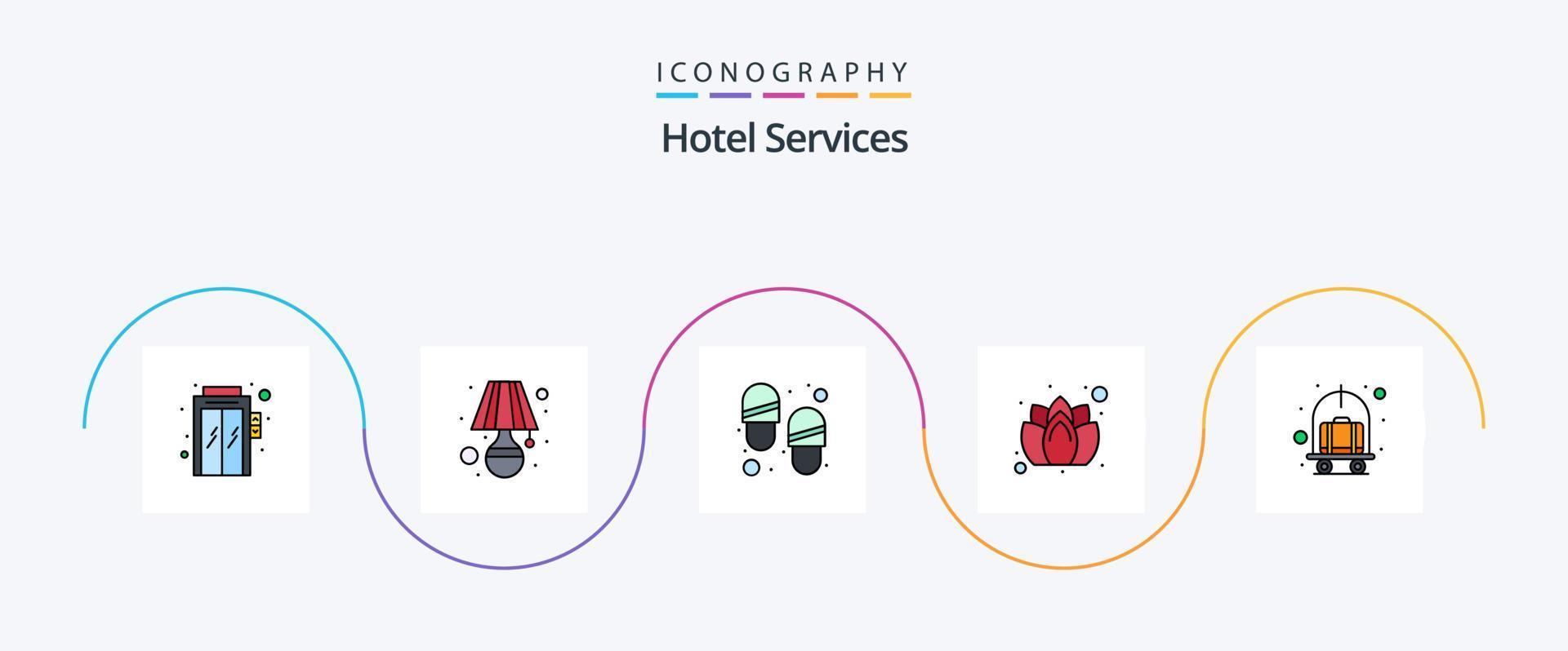 linha de serviços de hotel cheia de pacote de ícones de 5 planos, incluindo carrinho. hotel. chinelos. carrinho. spa vetor