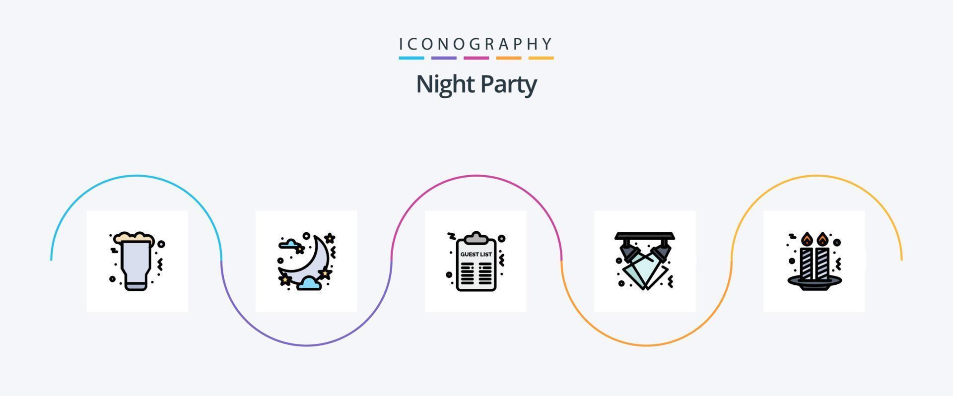 linha de festa noturna cheia de pacote de ícones de 5 planos, incluindo noite. luz. lua. discoteca. lista vetor