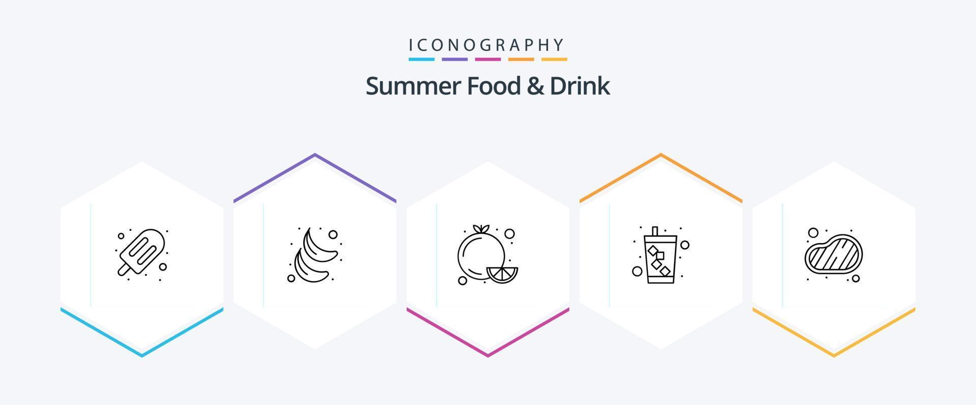 comida de verão e bebida pacote de ícones de 25 linhas, incluindo bife. churrasco. citrino. água. bebida vetor