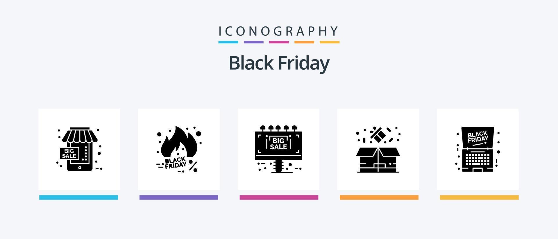 Black Friday Glyph 5 Icon Pack, incluindo sexta-feira. percentagem. tendendo. pacote. placa de venda. design de ícones criativos vetor