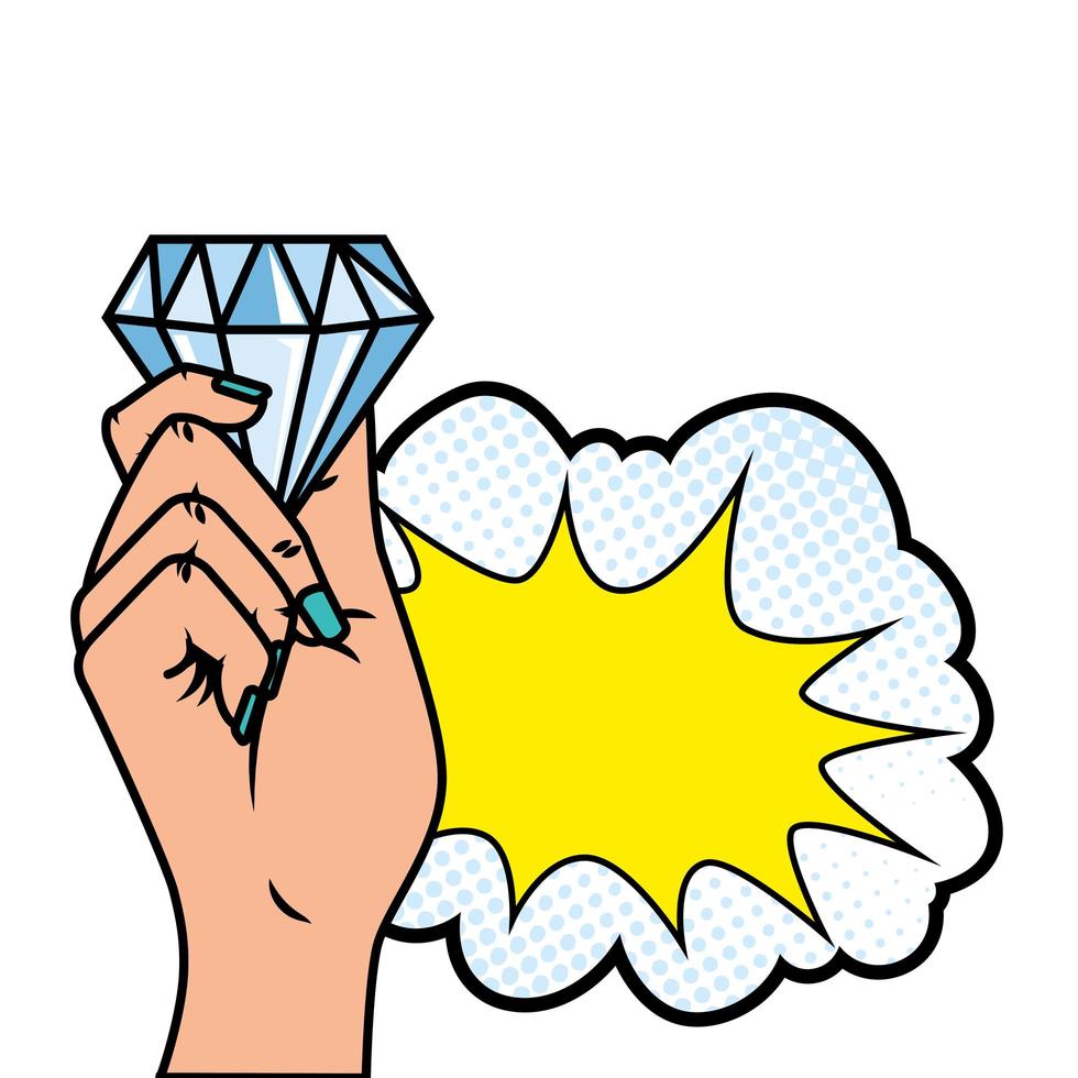 mão com diamante e ícone de estilo pop art nuvem vetor