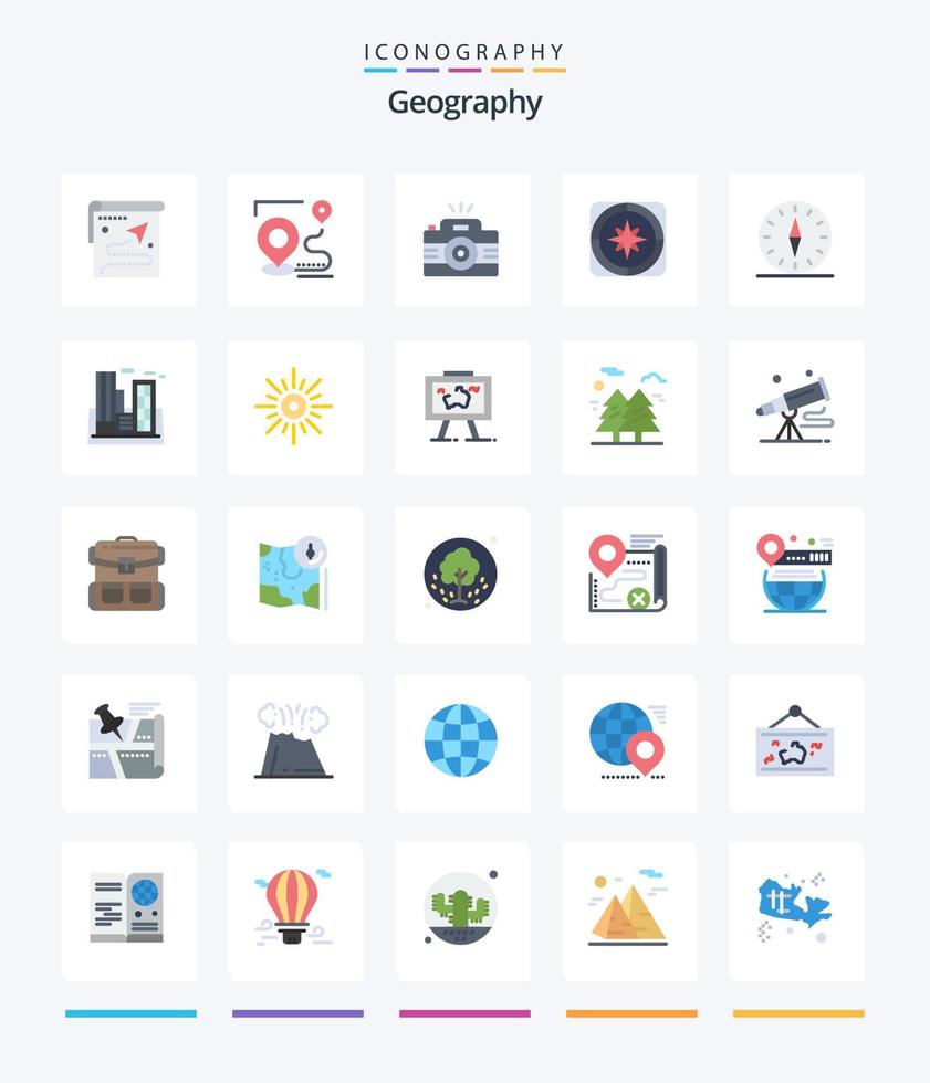 geografia criativa 25 pacote de ícones planos, como poluição. fábrica. foto. viagem. direção vetor