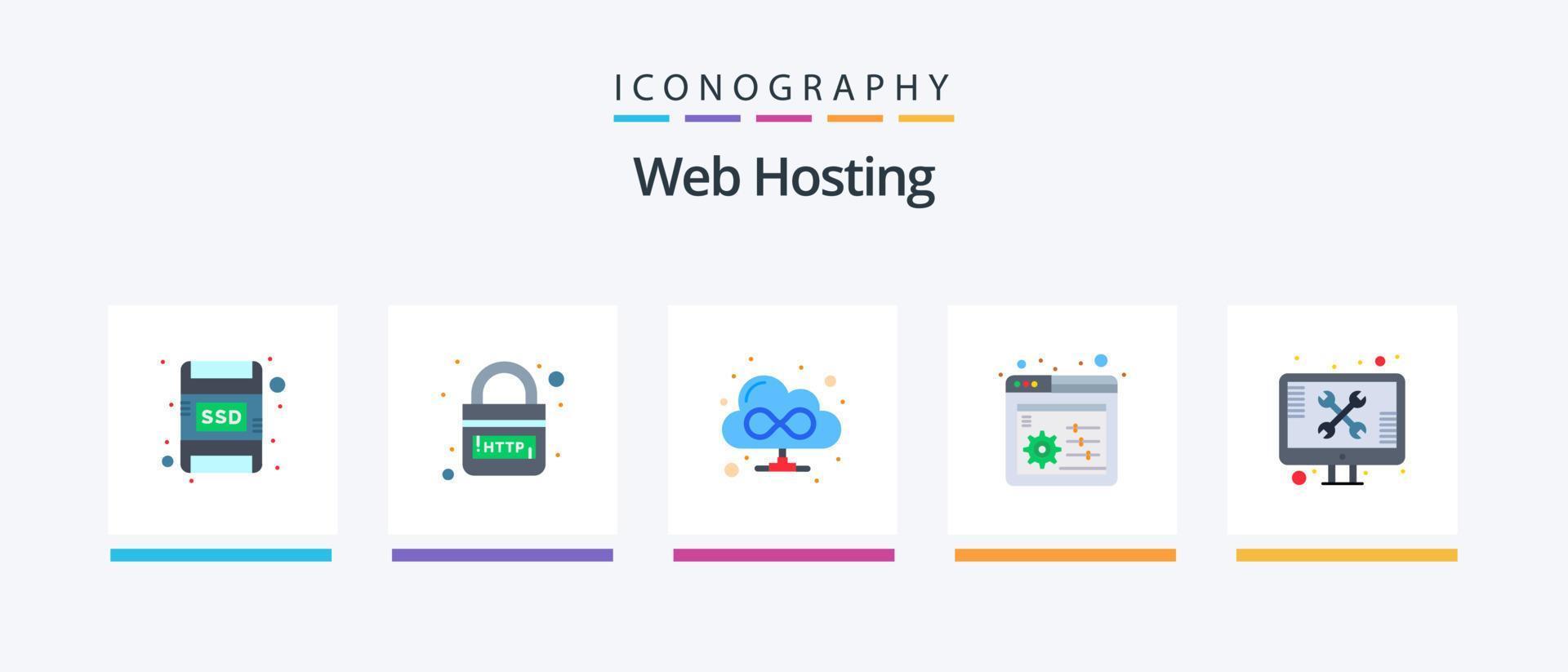 pacote de ícones de 5 planos de hospedagem na web, incluindo técnico. tela. navegador. reparar. painel. design de ícones criativos vetor