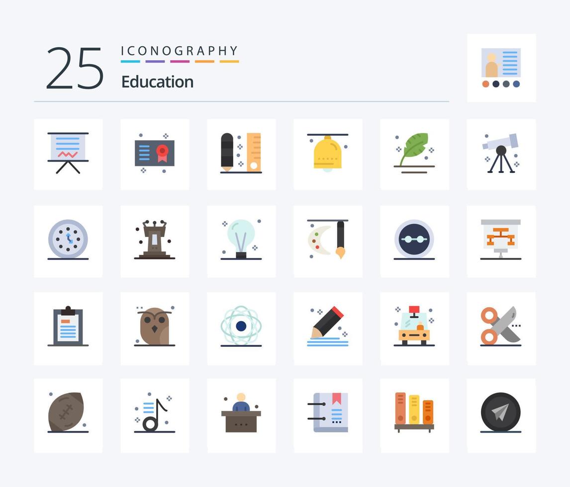 pacote de ícones de 25 cores planas para educação, incluindo sino de mão. alarme. grau. escala. lápis vetor