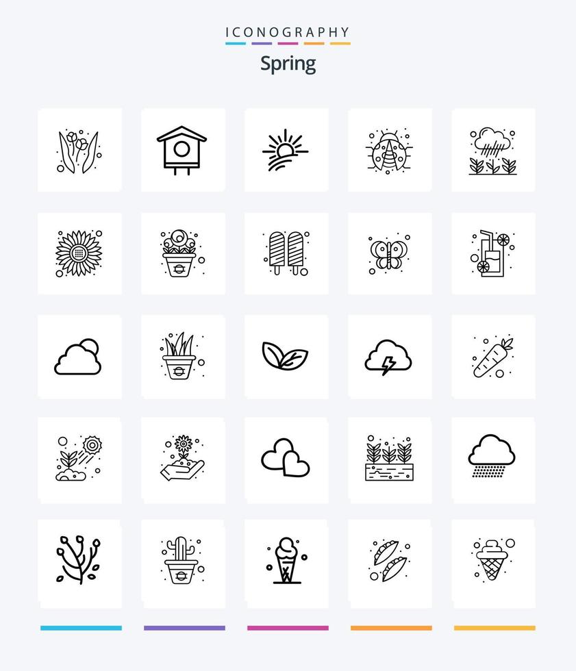 pacote criativo de ícones de contorno da primavera 25, como planta. jardim. luz. senhora bug. inseto vetor