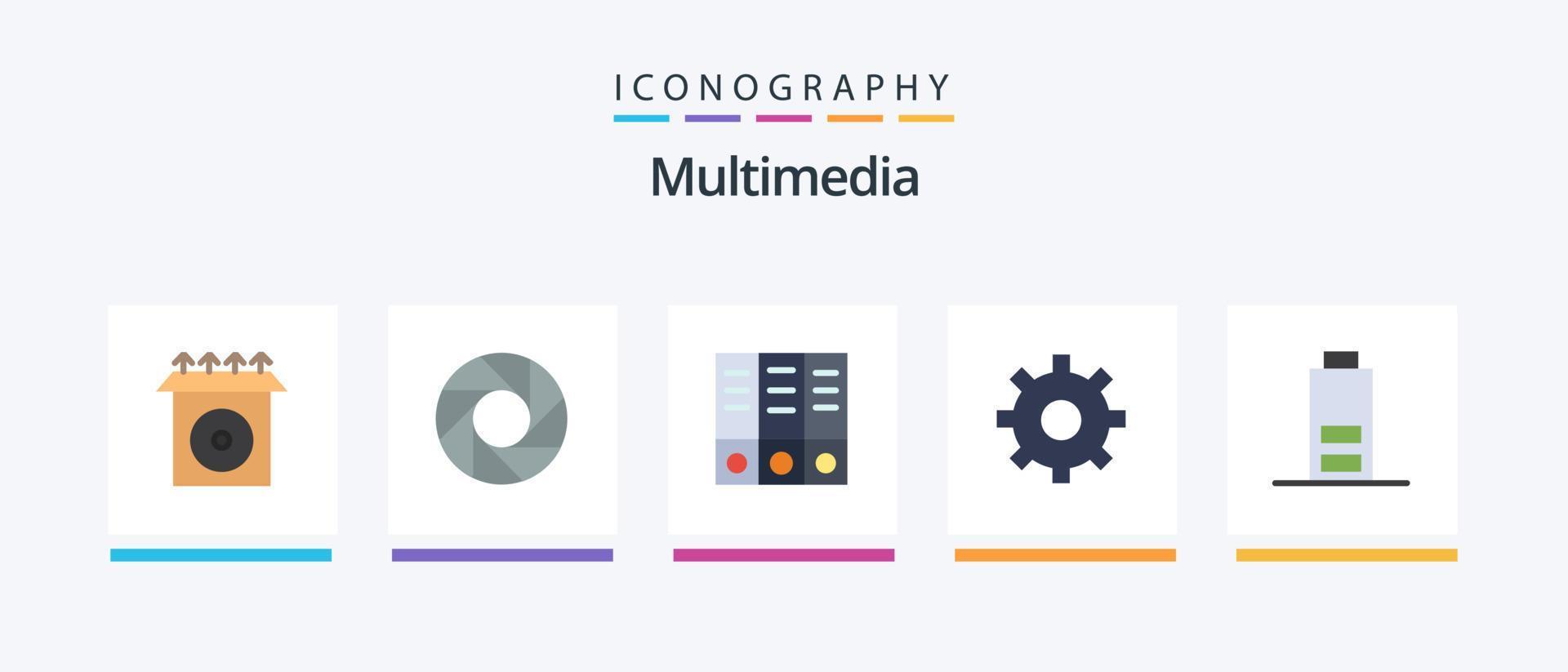 pacote de ícones multimídia flat 5 incluindo . documentos. multimídia. bateria. design de ícones criativos vetor