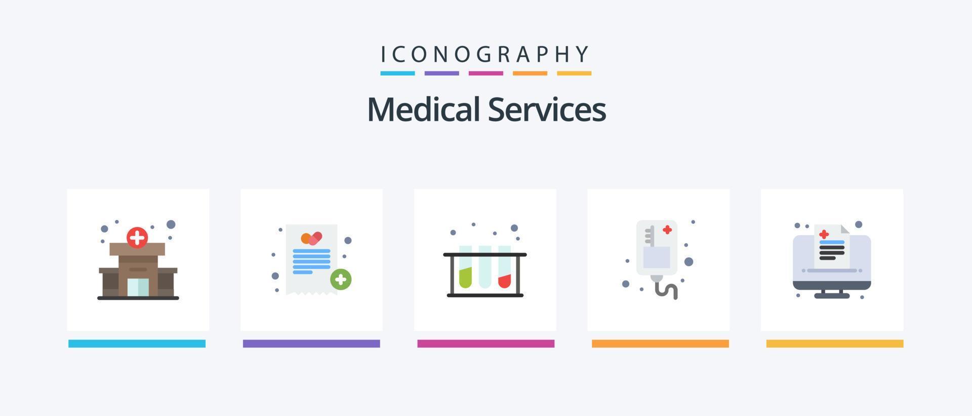 serviços médicos flat 5 icon pack incluindo médico. saúde. laboratório. médico. infusão. design de ícones criativos vetor