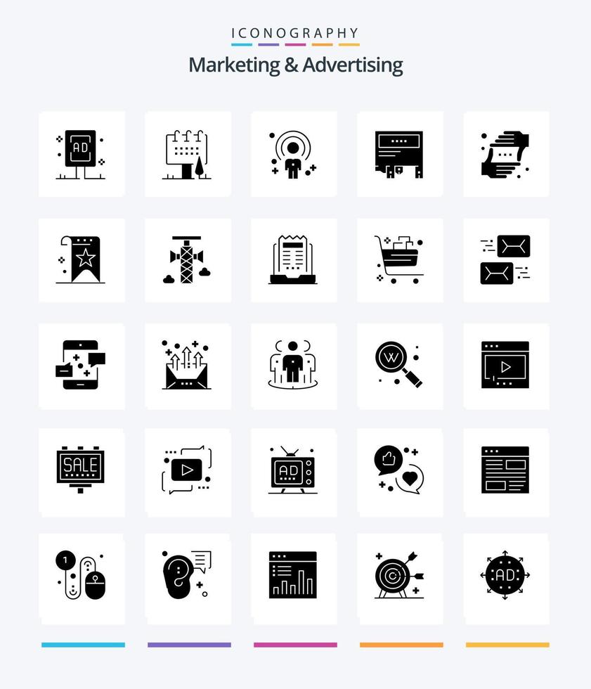 marketing criativo e publicidade pacote de ícones preto sólido de 25 glifos, como mãos. quadro. pessoa. papel. marketing vetor