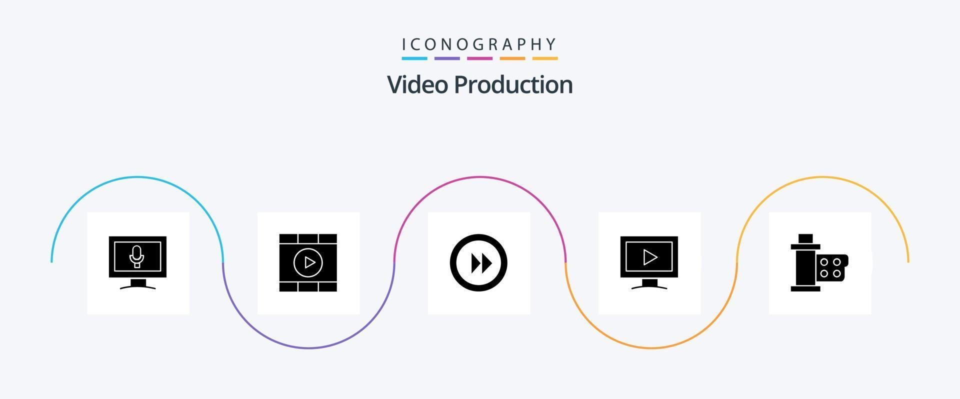 pacote de ícones de produção de vídeo glifo 5 incluindo vídeo. monitor . começar. multimídia vetor