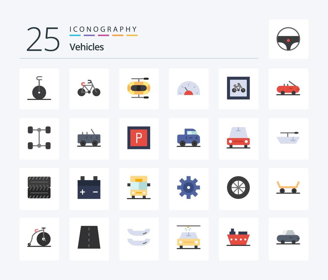 veículos Pacote de ícones de 25 cores planas, incluindo veículos. estacionamento. seta. estacionamento. painel vetor
