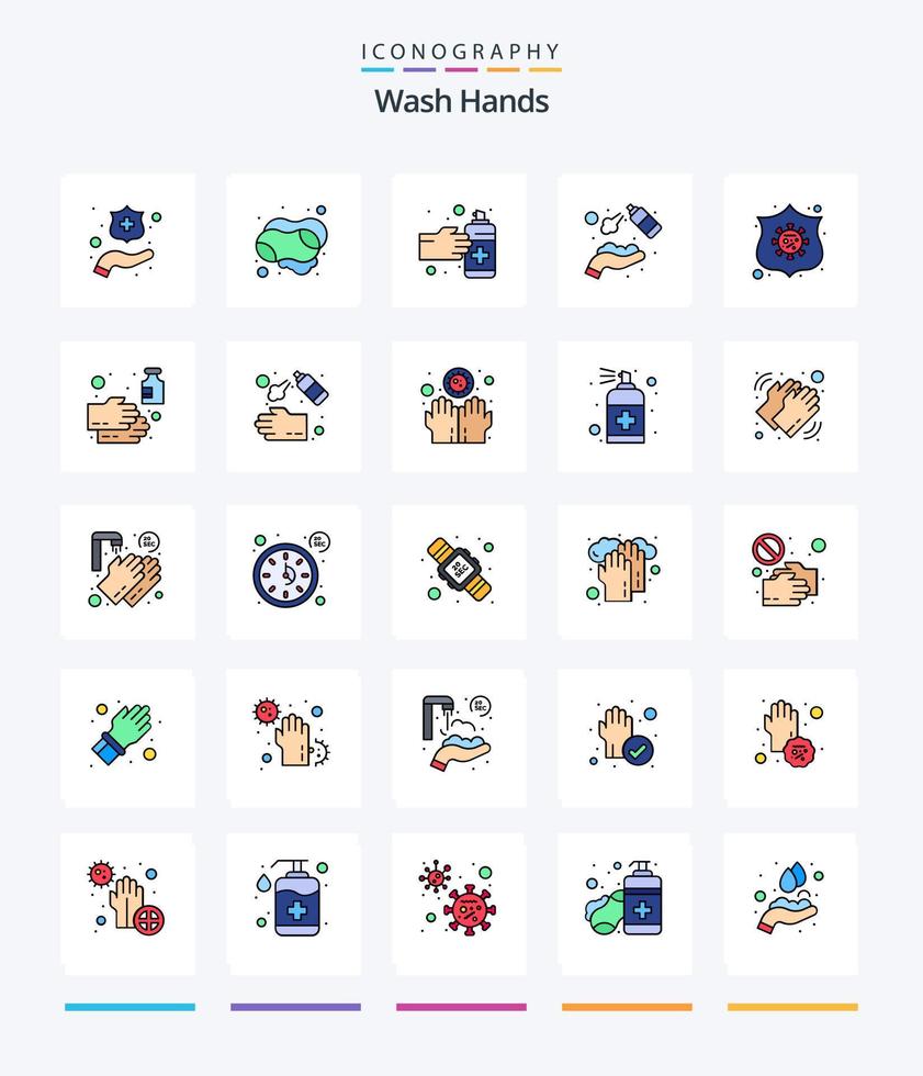 pacote de ícones cheios de 25 linhas para lavar as mãos criativas, como salvaguarda. lavando. mãos. lavar. limpar vetor