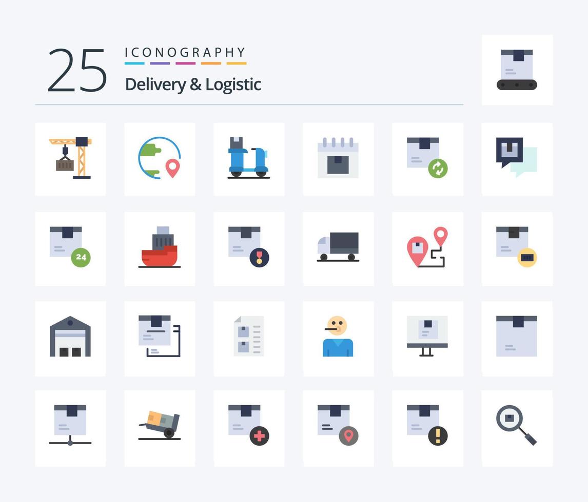 entrega e pacote logístico de 25 ícones de cores planas, incluindo gerenciamento. calendário. localização. produtos. entrega vetor