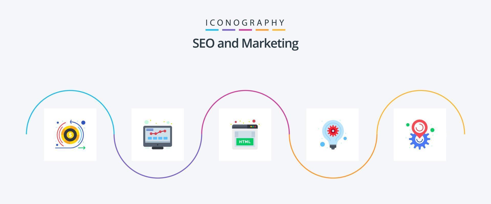 pacote de ícones seo flat 5 incluindo localização. engrenagem seo. codificação. lâmpada. lâmpada vetor