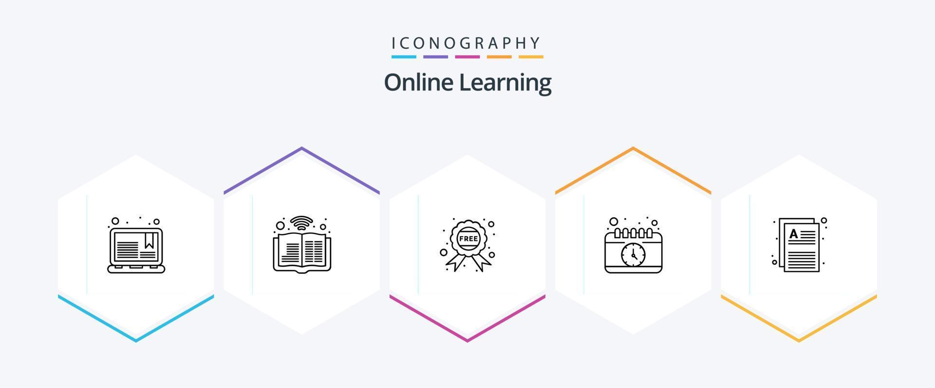 pacote de ícones de 25 linhas de aprendizado on-line, incluindo documentos. estudar. sinal. mesa. calendário vetor