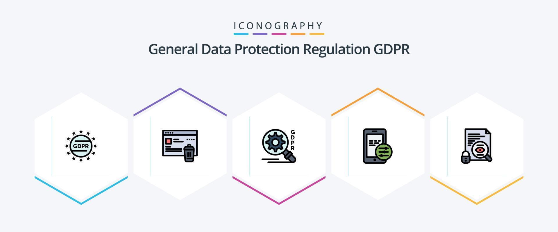 GDPR 25 pacote de ícones de linha preenchida, incluindo vigilância. procurar. gdpr. arquivo. móvel vetor