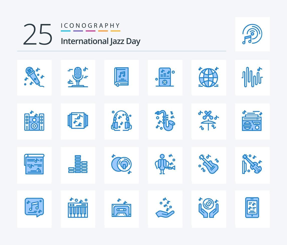 pacote de ícones de cor azul do dia internacional do jazz 25, incluindo onda. música. ipod. multimídia. mundo vetor