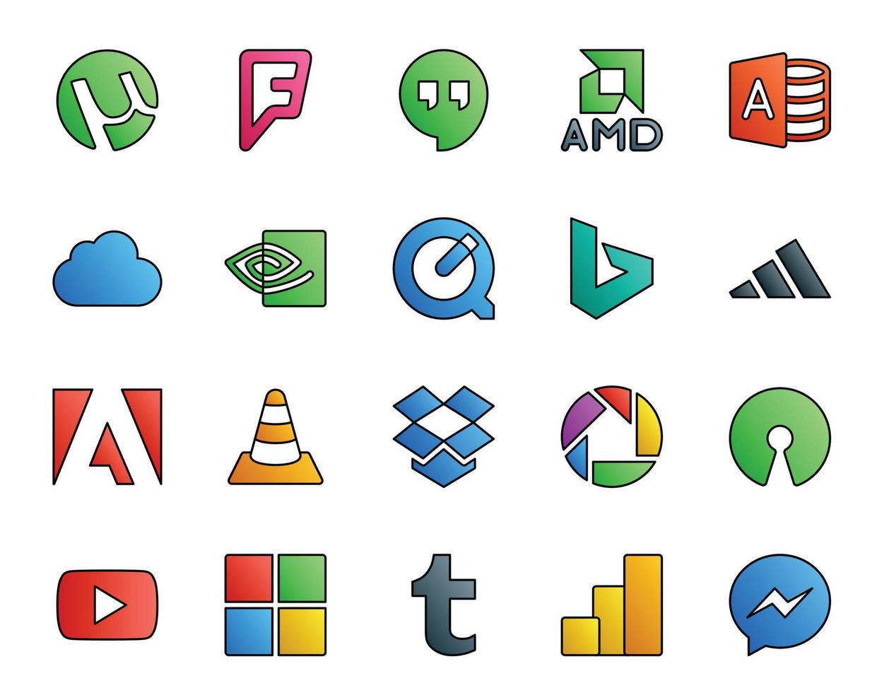 20 pacotes de ícones de mídia social, incluindo youtube picasa bing dropbox media vetor