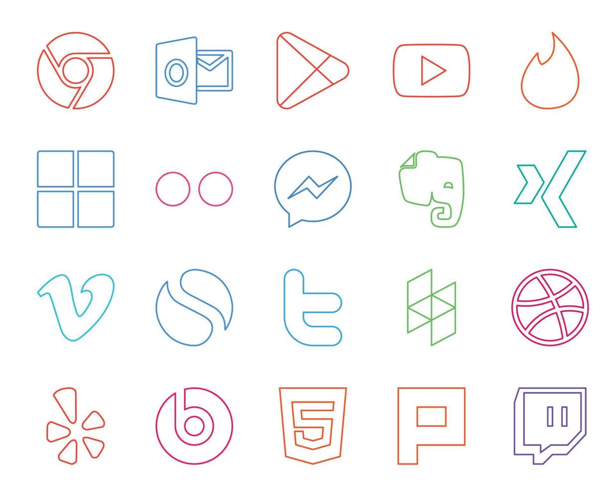 20 pacotes de ícones de mídia social, incluindo houzz twitter flickr vimeo simples vetor