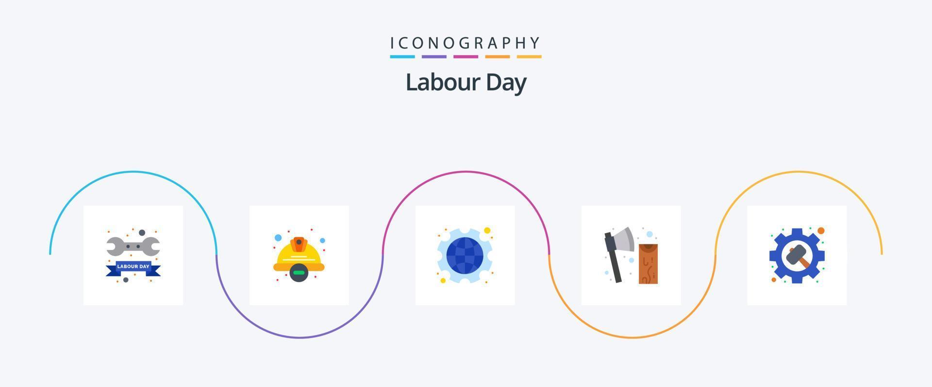 pacote de ícones plana 5 do dia do trabalho, incluindo corte. Machado. segurança. trabalho. engrenagem vetor