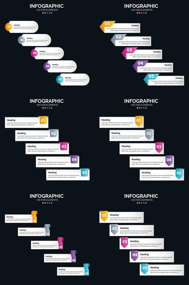 modelo de slide de apresentação de pacote de infográficos vetor 6 diagramas de ciclo de 5 etapas e linhas do tempo