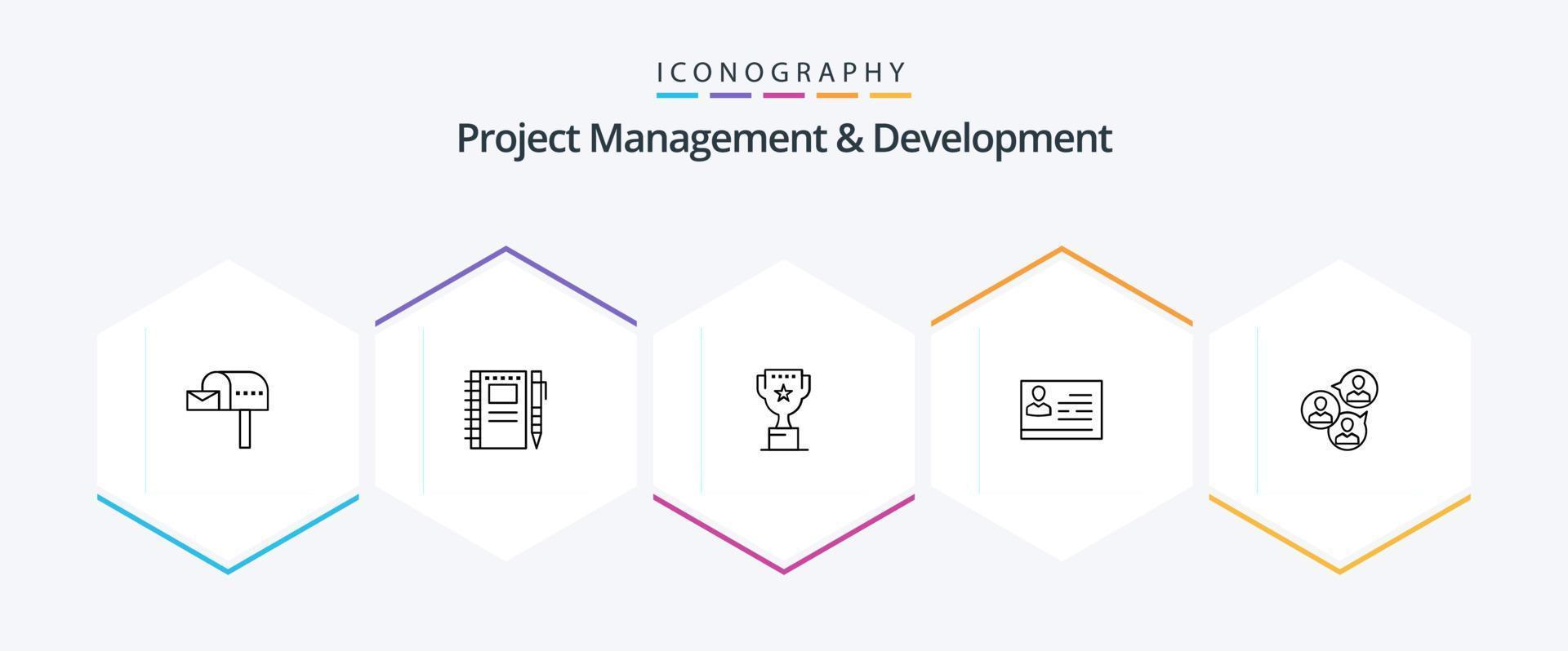 gerenciamento de projetos e desenvolvimento pacote de ícones de 25 linhas, incluindo id. cartão. esboço. licença. recompensa vetor