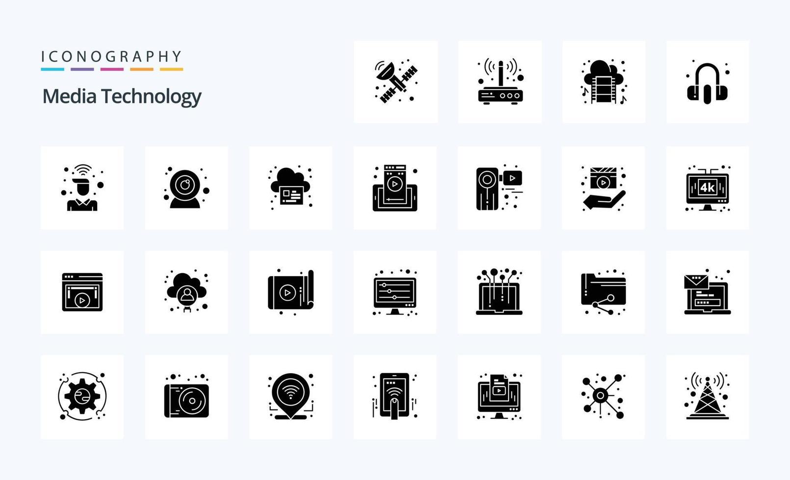 25 pacote de ícones de glifo sólido de tecnologia de mídia vetor