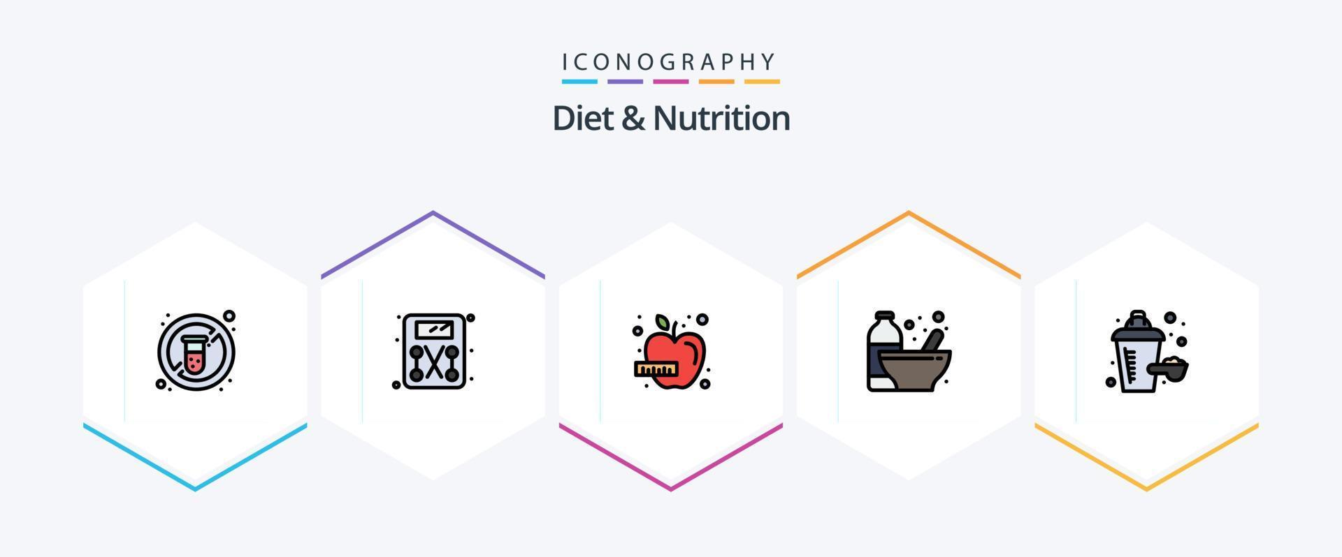 pacote de ícones de 25 linhas preenchidas de dieta e nutrição, incluindo suplemento nutricional. proteína. dieta. nutrição. garrafa vetor