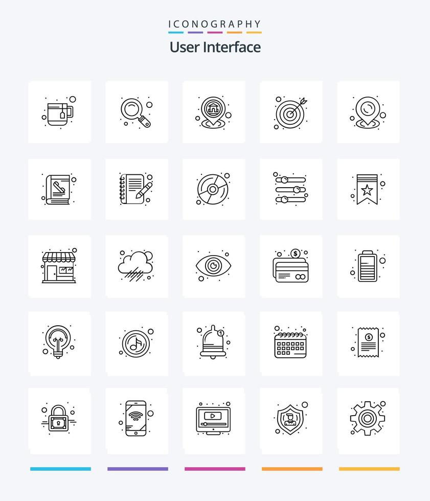 interface de usuário criativa 25 pacote de ícones de contorno, como livro. alfinete. localização. mapa. meta vetor