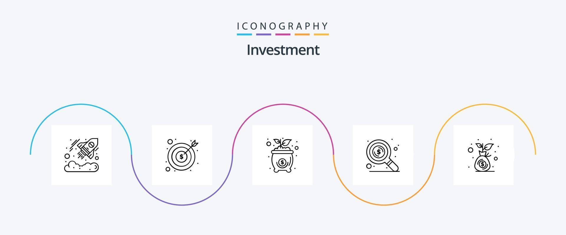 pacote de ícones da linha de investimento 5, incluindo crescimento. procurar. dinheiro. dinheiro. dinheiro vetor