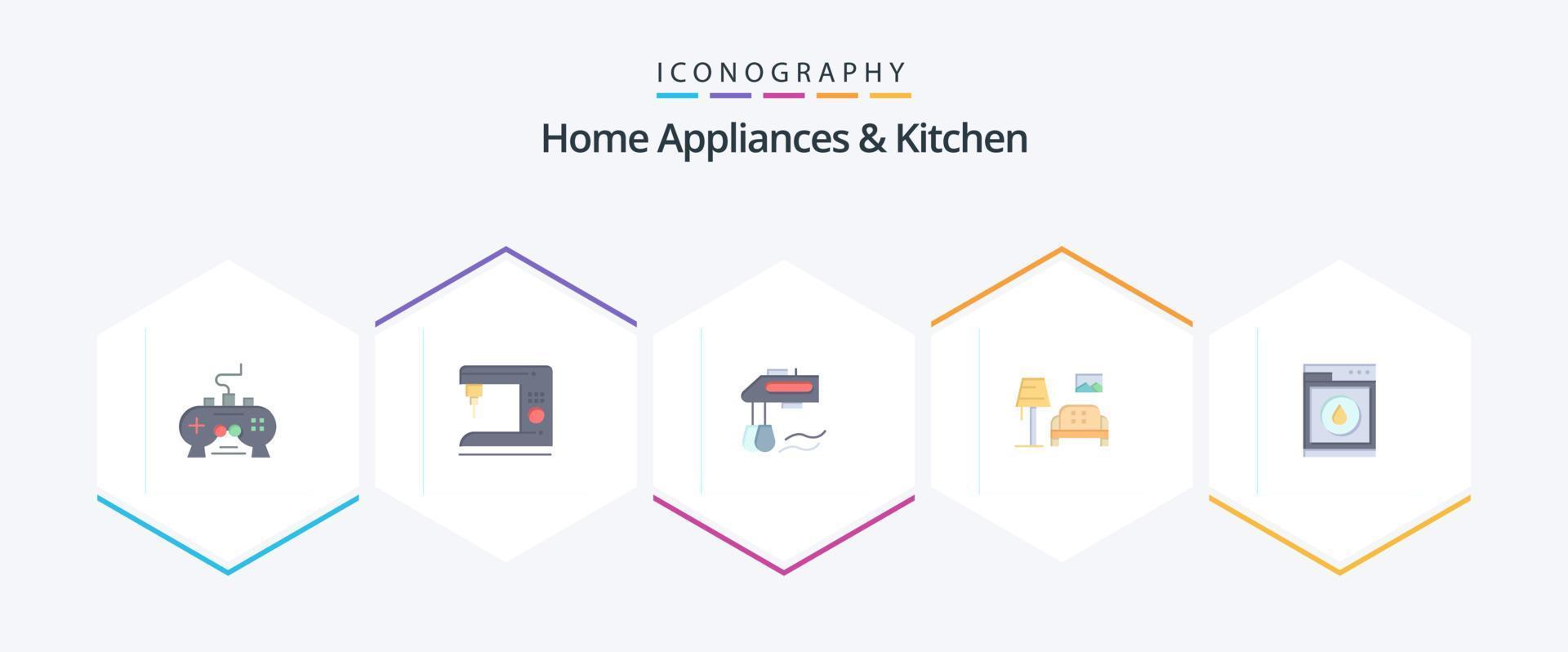 eletrodomésticos e cozinha 25 pacote de ícones planos, incluindo lavanderia. sofá. máquina. sala. liquidificador vetor