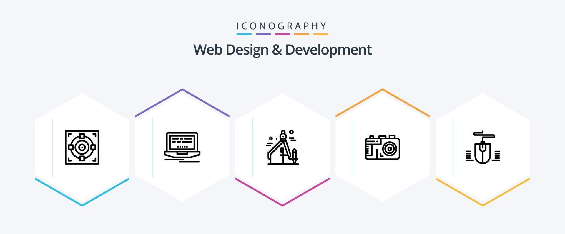 web design e desenvolvimento pacote de ícones de 25 linhas, incluindo . projeto . projeto. Câmera . gráfico vetor