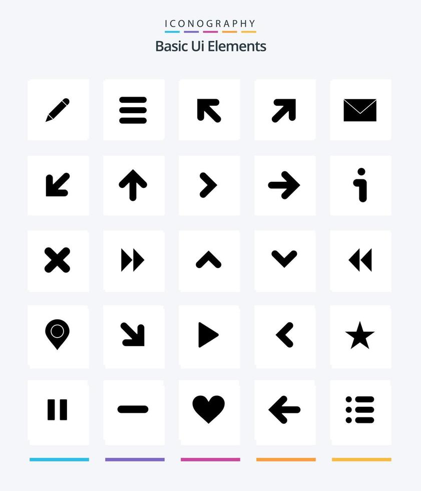 elementos criativos básicos da interface do usuário 25 pacotes de ícones preto sólido glifo, como seta. correspondência. acima. massagem. certo vetor