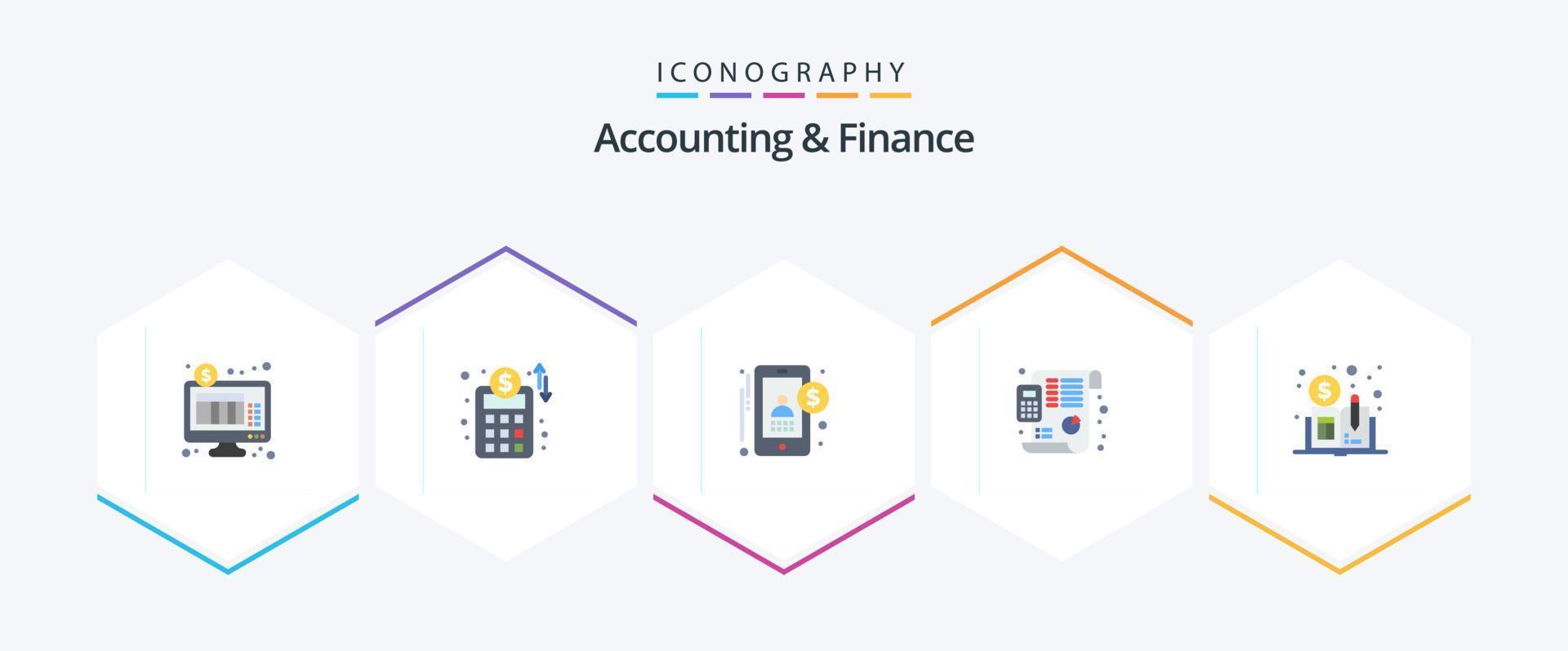 contabilidade e finanças 25 pacote de ícones planos, incluindo livro de contabilidade distribuído. criptomoeda. contabilidade. planejamento. orçamento vetor