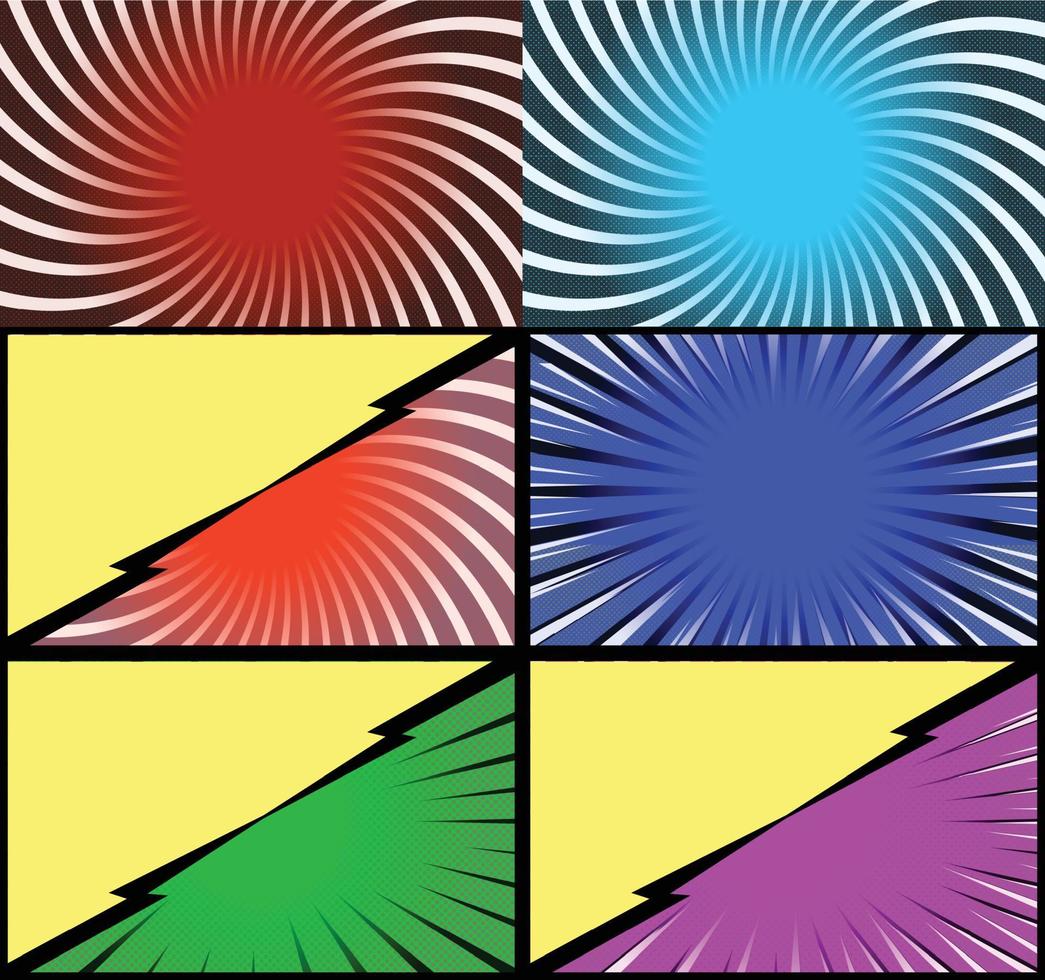 fundo de quadros coloridos de quadrinhos com raios de meio-tom radial e efeitos pontilhados estilo pop art vetor