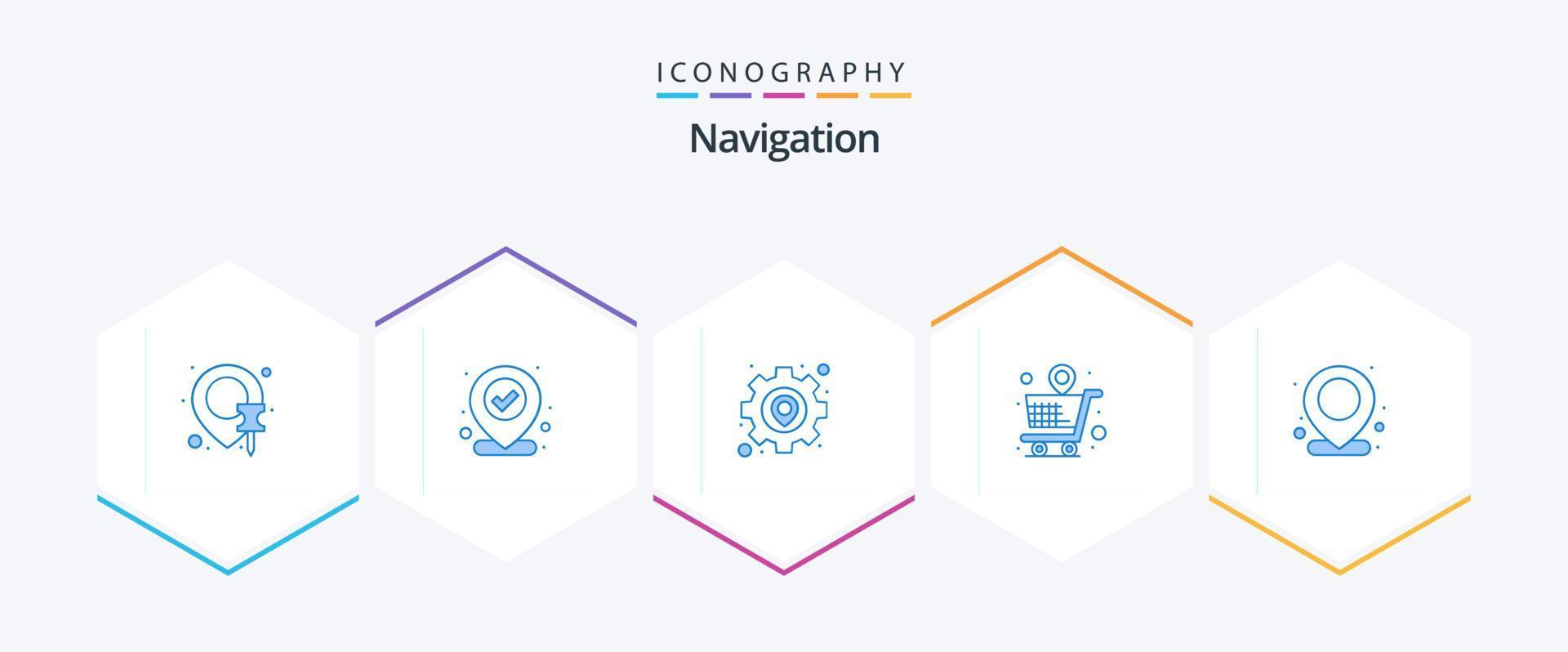 pacote de ícones azuis de navegação 25, incluindo localização. mapa. engrenagem. localização. compras vetor