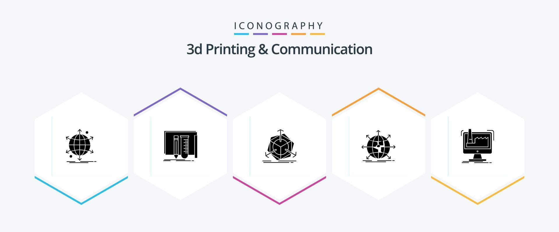 Pacote de ícones de 25 glifos de impressão e comunicação 3D, incluindo internacional. negócios. laboratório. objeto. correção vetor
