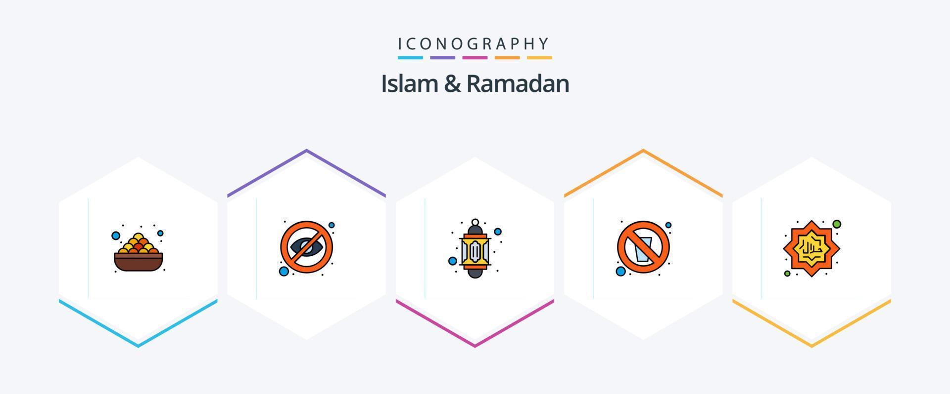 Islã e Ramadã 25 pacote de ícones de linha preenchida, incluindo água. não. esconder. jejum. muçulmano vetor