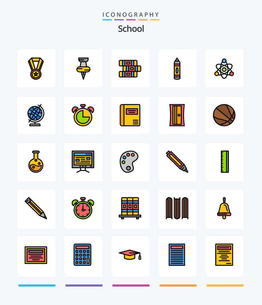 escola criativa pacote de ícones preenchidos com 25 linhas, como geografia. Educação. estacionário. educar. esboço vetor