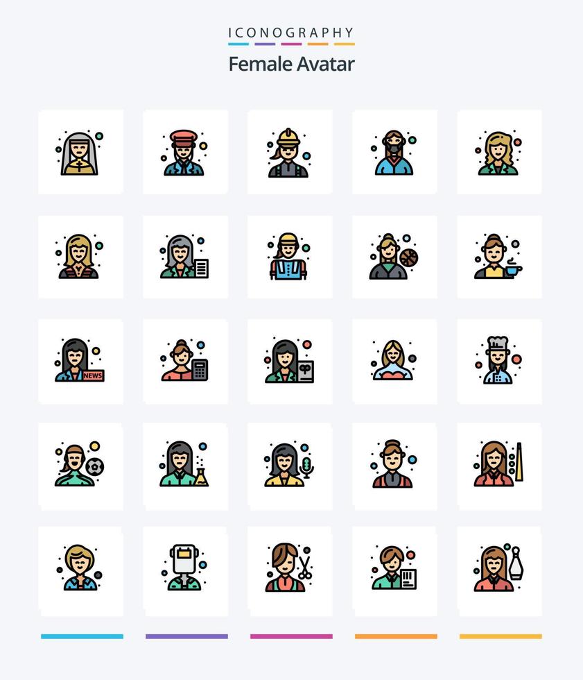 avatar feminino criativo pacote de ícones preenchidos com 25 linhas, como máscara. doutor. polícia. técnico. engenheiro vetor