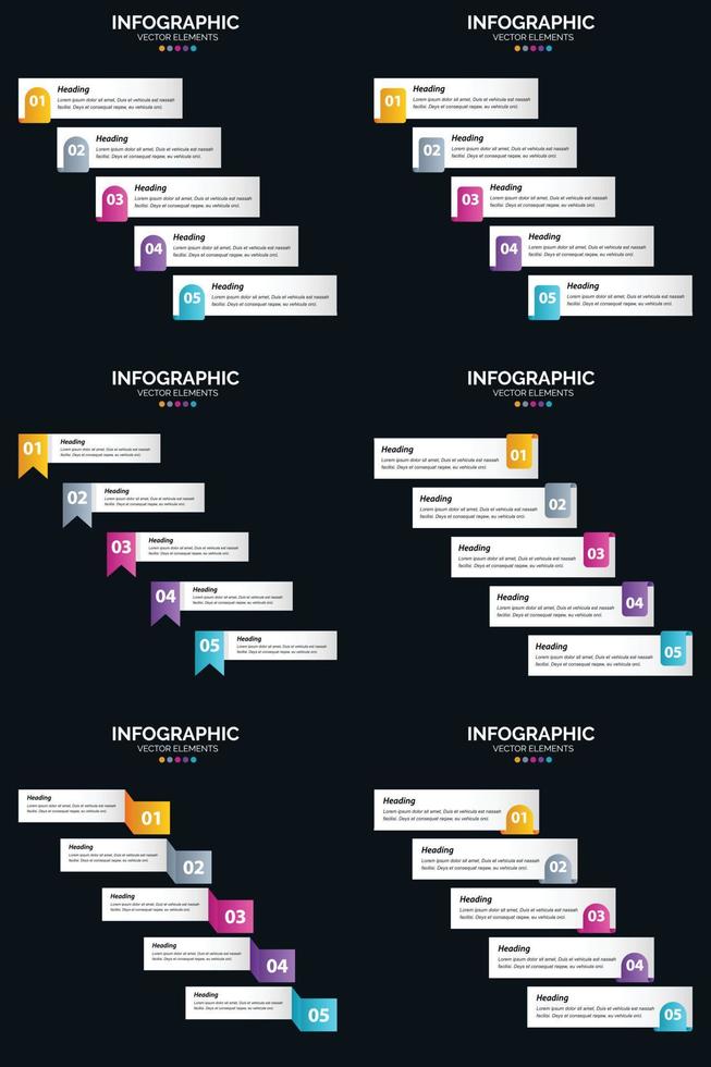 modelo de slide de apresentação de pacote de infográficos vetor 6 diagramas de ciclo de 5 etapas e linhas do tempo