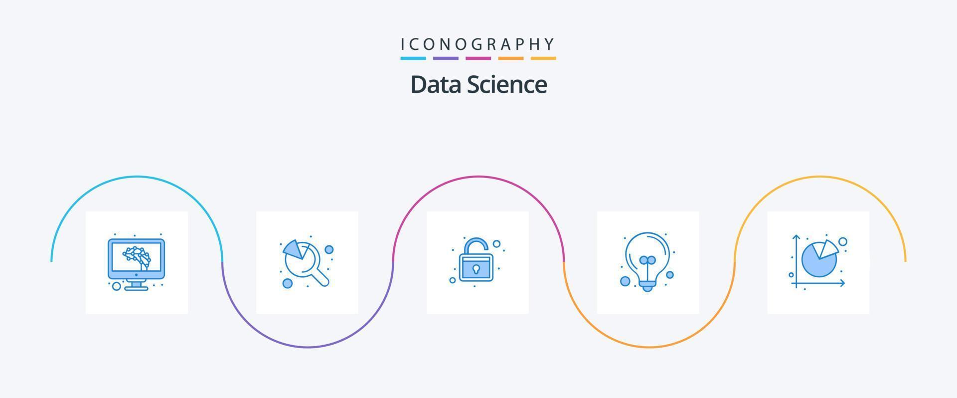 data science blue 5 icon pack incluindo torta. gráfico. linha de fluxo. ferramentas de negócios. luz vetor