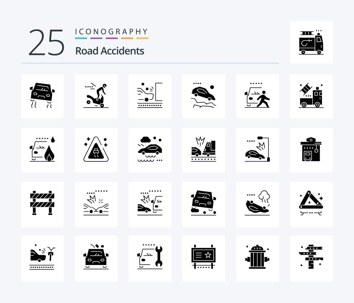 acidentes rodoviários 25 pacote de ícones de glifos sólidos, incluindo e. caindo. acidente. carro. tráfego vetor
