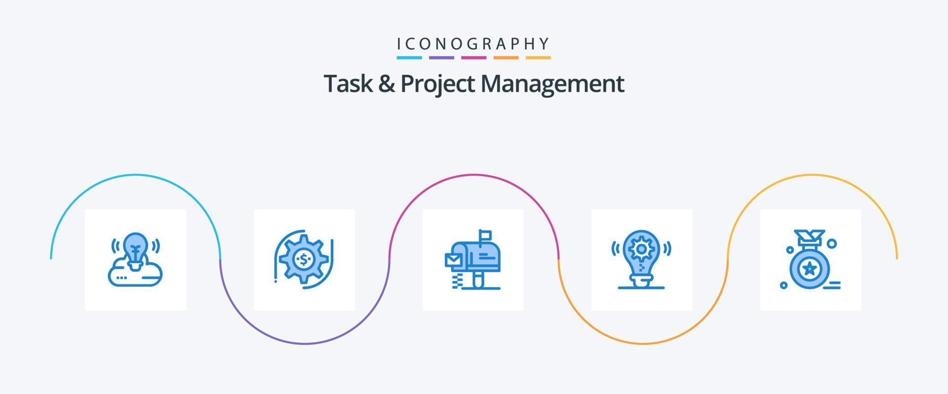pacote de ícones azul 5 de gerenciamento de tarefas e projetos, incluindo distintivo de prêmio. contexto. caixa. engrenagem. lâmpada vetor